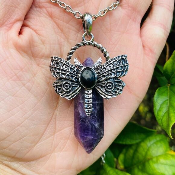 Gothic Moth Pendant Necklace with Antique Silver tone and Purple Gem - Picture 3 of 6
